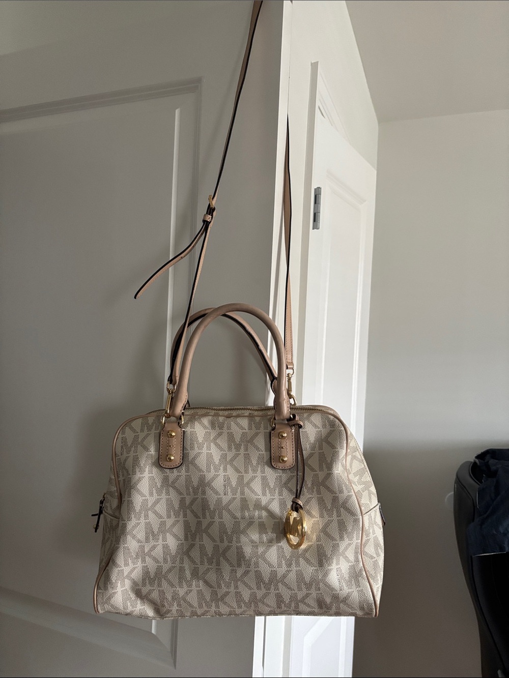 Michael Kors Beige Logo Dome Satchel with Gold Hardware